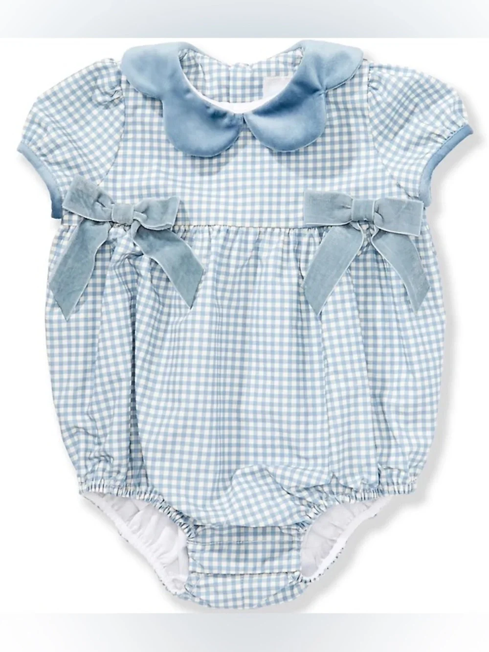 NEW!!  Edgehill Collection Blue and White Gingham Baby Romper with Velvet Collar